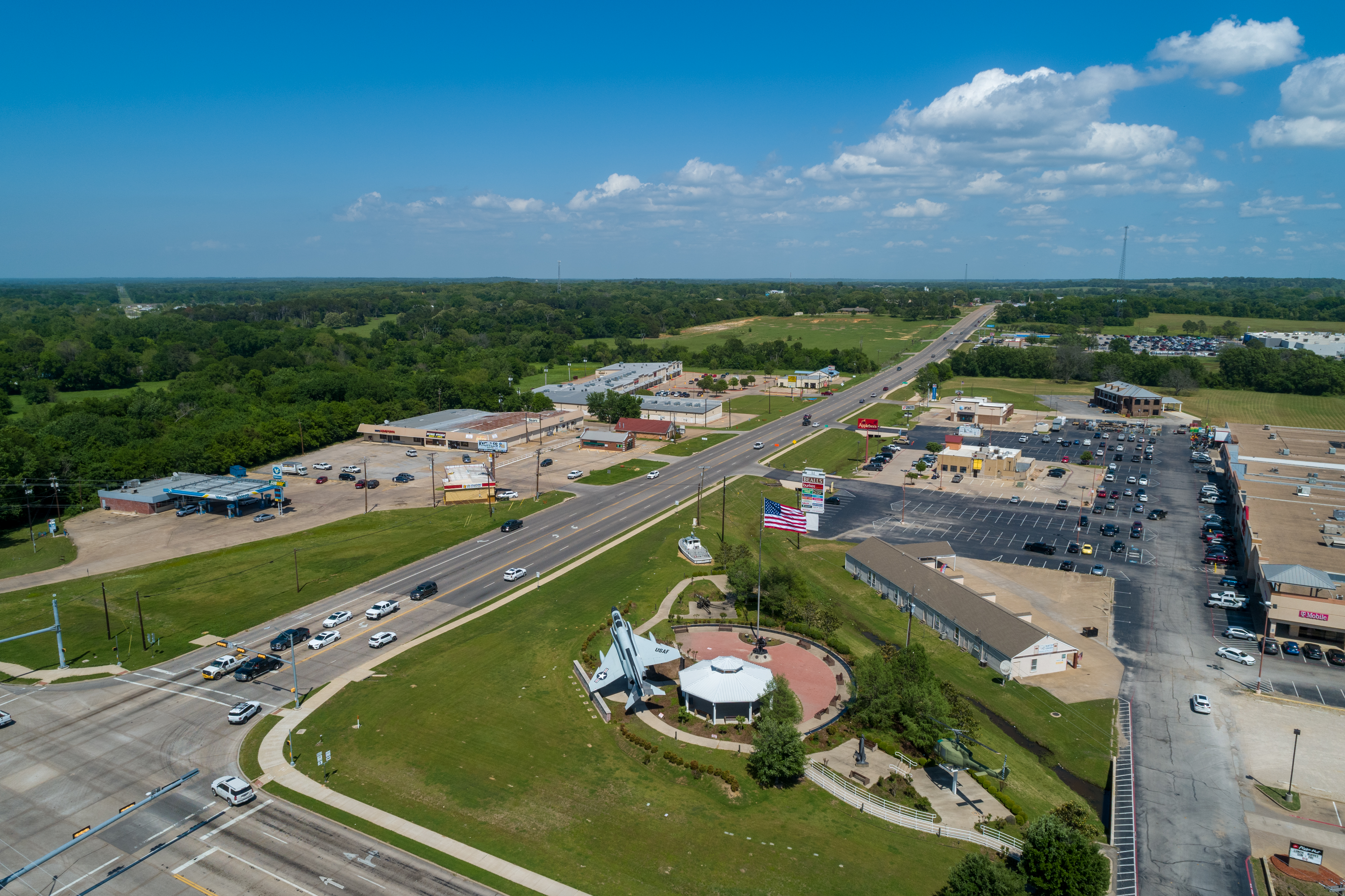 Aerial drone photography of Bridwell Shopping Center property in Denton TX, DFW metroplex.