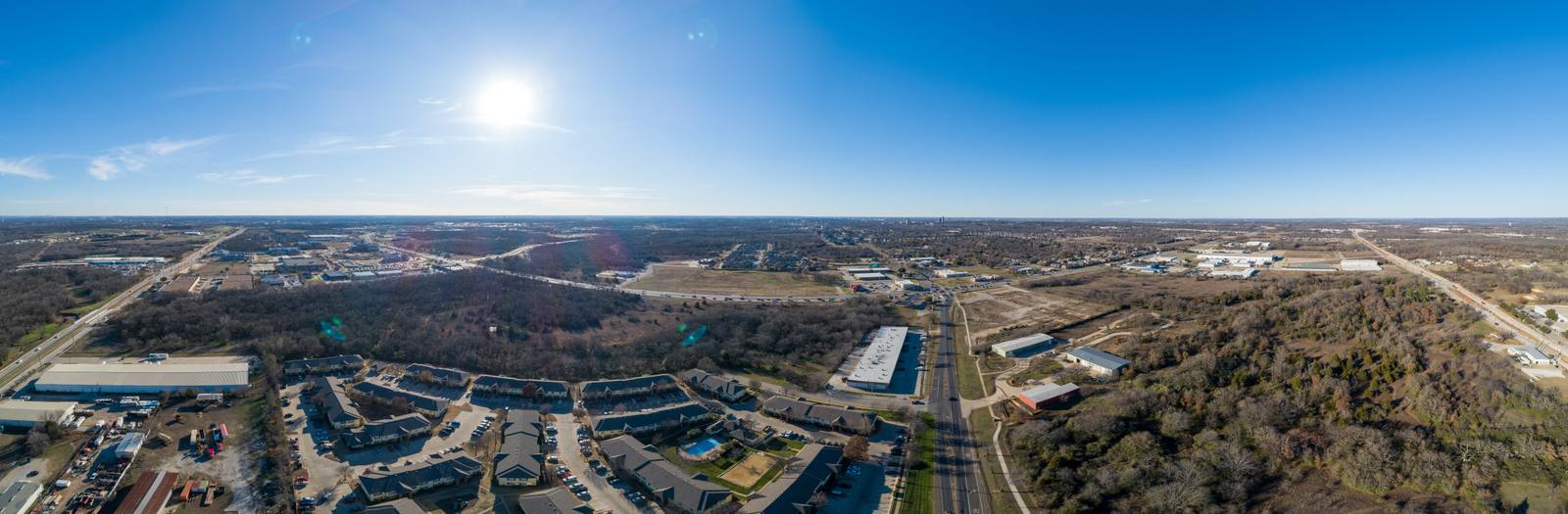 Stunning aerial view of the Denton TX cityscape by drone photography.